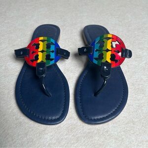Tory Burch Miller Patent Leather Sandals Women's 8M Navy Blue Rainbow Logo